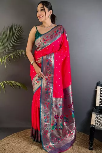 Pink woven design paithani sarees with blouse