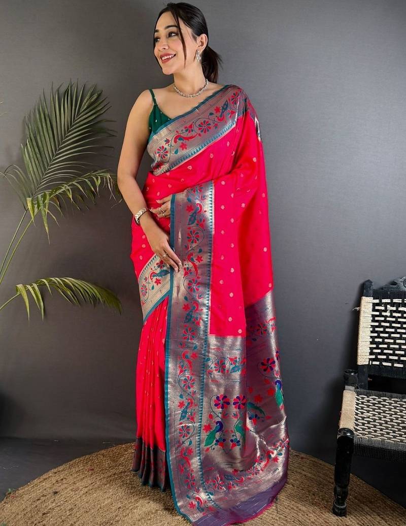 Pink woven design paithani sarees with blouse