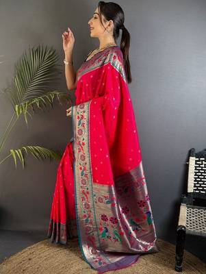 Pink woven design paithani sarees with blouse 2
