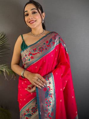 Pink woven design paithani sarees with blouse 4