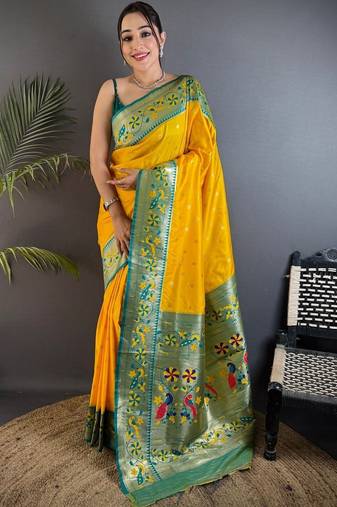 Mustard woven design paithani sarees with blouse