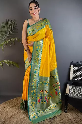 Mustard woven design paithani sarees with blouse