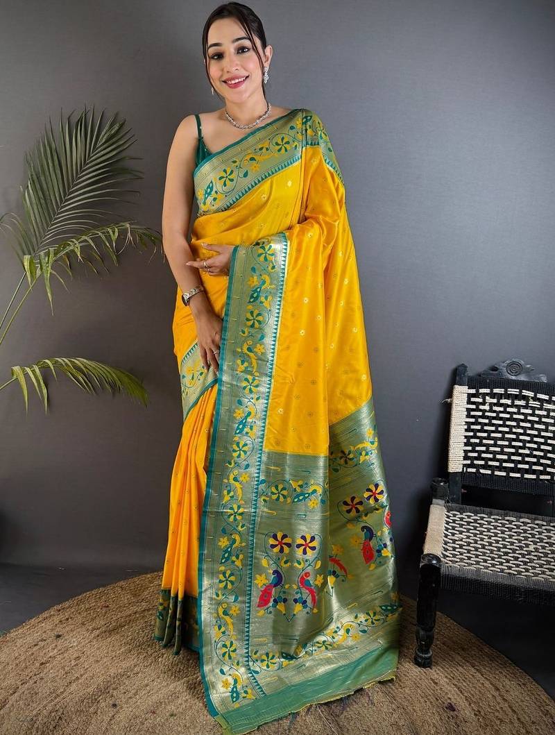 Mustard woven design paithani sarees with blouse