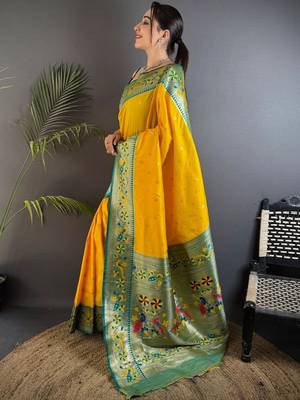 Mustard woven design paithani sarees with blouse 2