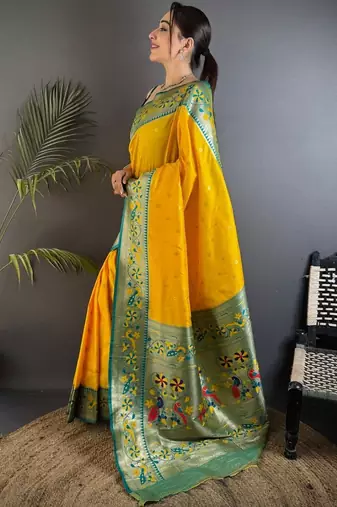 Mustard woven design paithani sarees with blouse