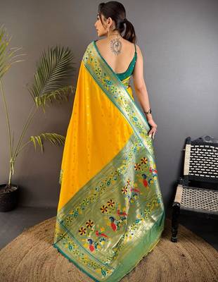 Mustard woven design paithani sarees with blouse 3