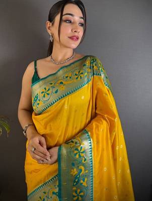 Mustard woven design paithani sarees with blouse 4