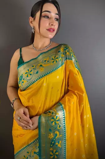 Mustard woven design paithani sarees with blouse