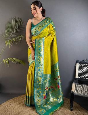 Lime woven design paithani sarees with blouse 1