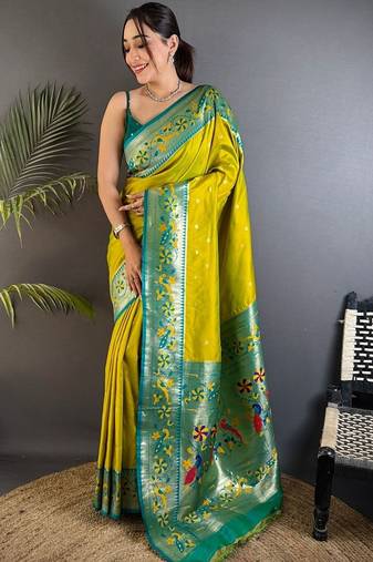 Lime woven design paithani sarees with blouse
