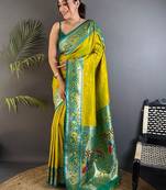 Lime woven design paithani sarees with blouse