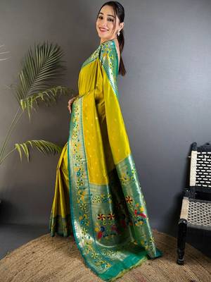 Lime woven design paithani sarees with blouse 2