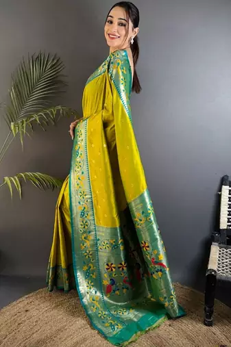 Lime woven design paithani sarees with blouse