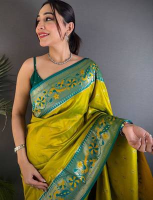 Lime woven design paithani sarees with blouse 3
