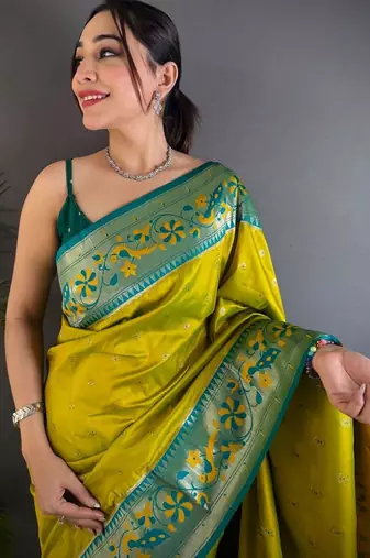 Lime woven design paithani sarees with blouse