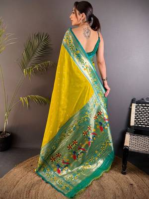 Lime woven design paithani sarees with blouse 4