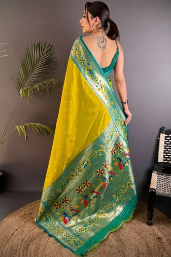 Lime woven design paithani sarees with blouse