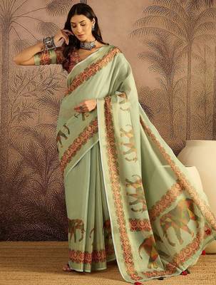 Green women kalamkari printed patola saree with unstitched blouse 1