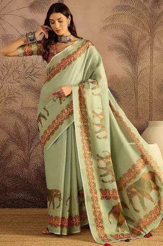Green women kalamkari printed patola saree with unstitched blouse