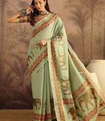 Green women kalamkari printed patola saree with unstitched blouse