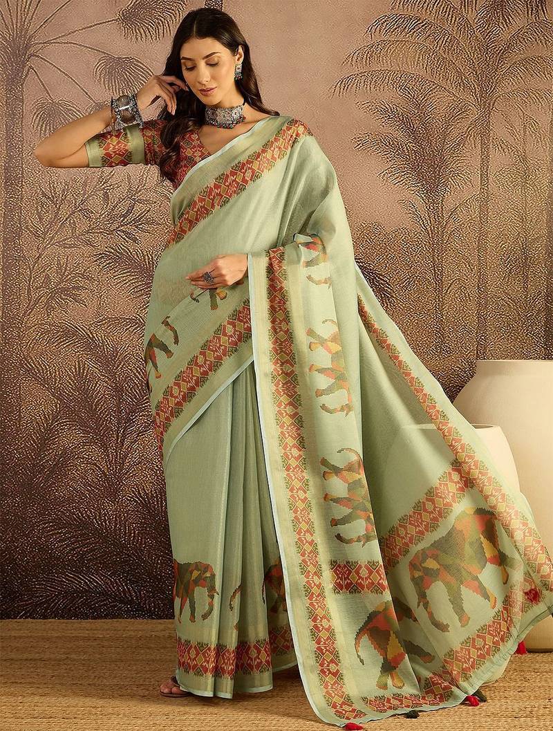 Green women kalamkari printed patola saree with unstitched blouse