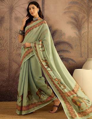 Green women kalamkari printed patola saree with unstitched blouse 2