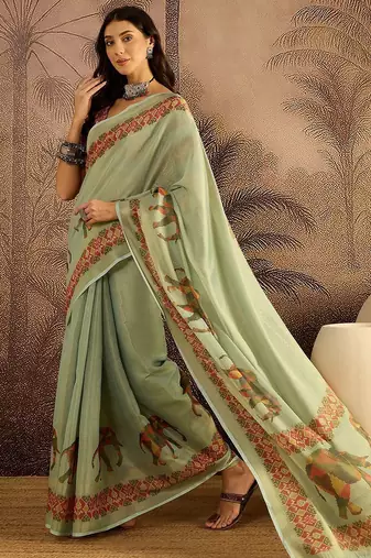 Green women kalamkari printed patola saree with unstitched blouse