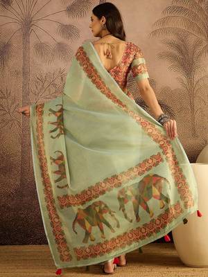 Green women kalamkari printed patola saree with unstitched blouse 3