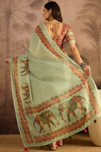 Green women kalamkari printed patola saree with unstitched blouse