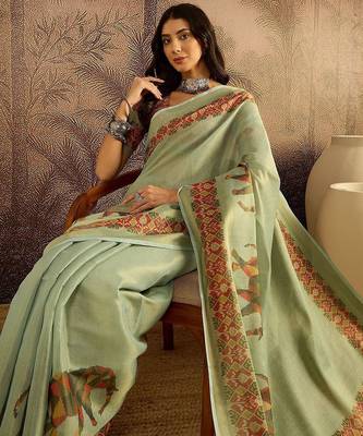 Green women kalamkari printed patola saree with unstitched blouse 4
