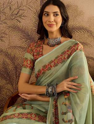 Green women kalamkari printed patola saree with unstitched blouse 5