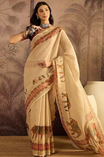 Beige printed patola saree with unstitched blouse piece