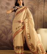 Beige printed patola saree with unstitched blouse piece