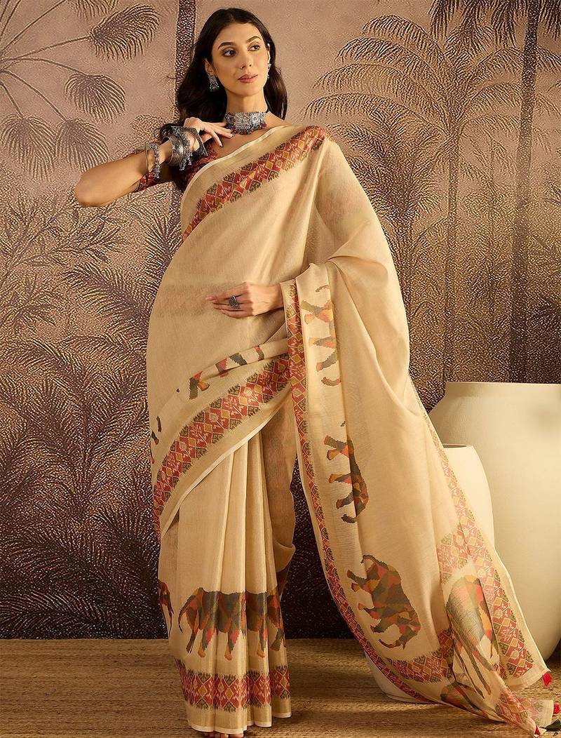 Beige printed patola saree with unstitched blouse piece
