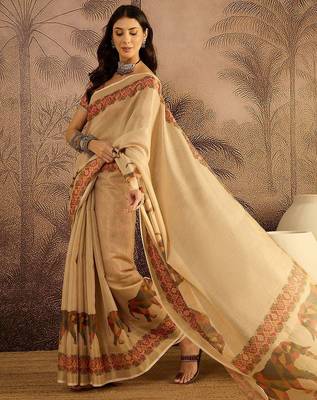 Beige printed patola saree with unstitched blouse piece 2