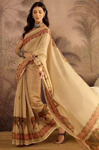 Beige printed patola saree with unstitched blouse piece