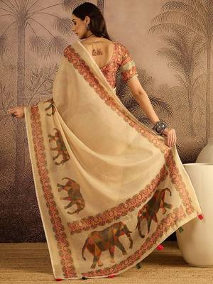 Beige printed patola saree with unstitched blouse piece 3