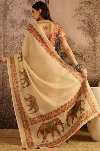 Beige printed patola saree with unstitched blouse piece