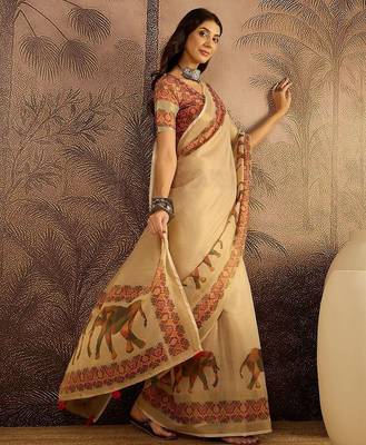Beige printed patola saree with unstitched blouse piece 4