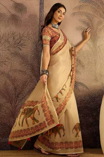 Beige printed patola saree with unstitched blouse piece