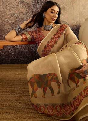 Beige printed patola saree with unstitched blouse piece 5