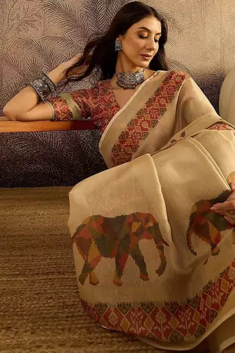 Beige printed patola saree with unstitched blouse piece