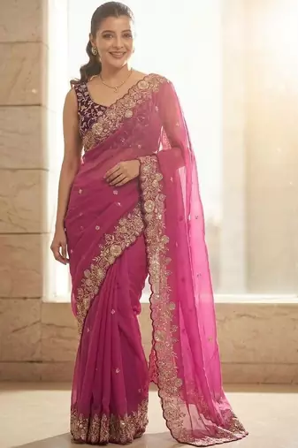 Pink embellished embroidered sarees with unstitched blouse piece