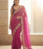 Pink embellished embroidered sarees with unstitched blouse piece