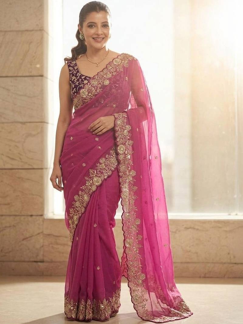 Pink embellished embroidered sarees with unstitched blouse piece