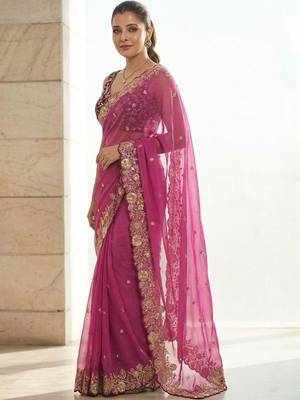 Pink embellished embroidered sarees with unstitched blouse piece 2