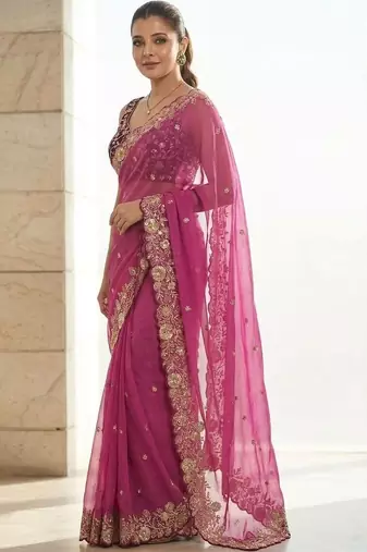 Pink embellished embroidered sarees with unstitched blouse piece