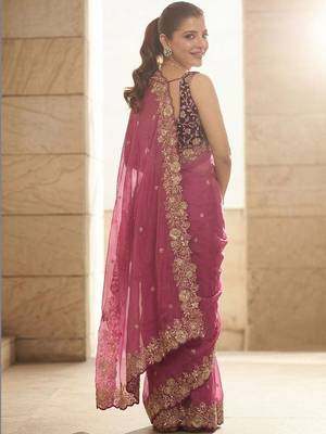Pink embellished embroidered sarees with unstitched blouse piece 3
