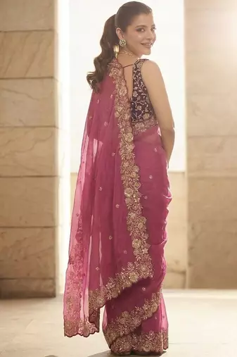 Pink embellished embroidered sarees with unstitched blouse piece
