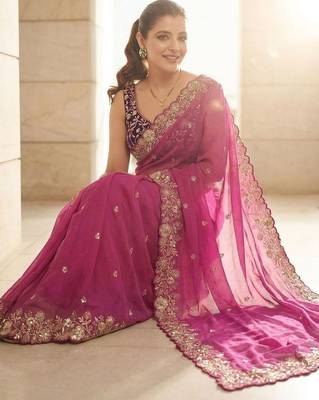 Pink embellished embroidered sarees with unstitched blouse piece 4